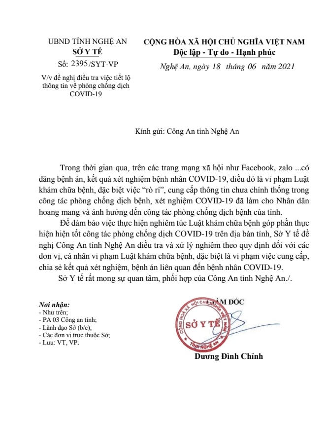 Văn bản của Sở Y tế Nghệ An gửi Công an tỉnh Nghệ An đề nghị vào cuộc điều tra xử lý nghiêm.