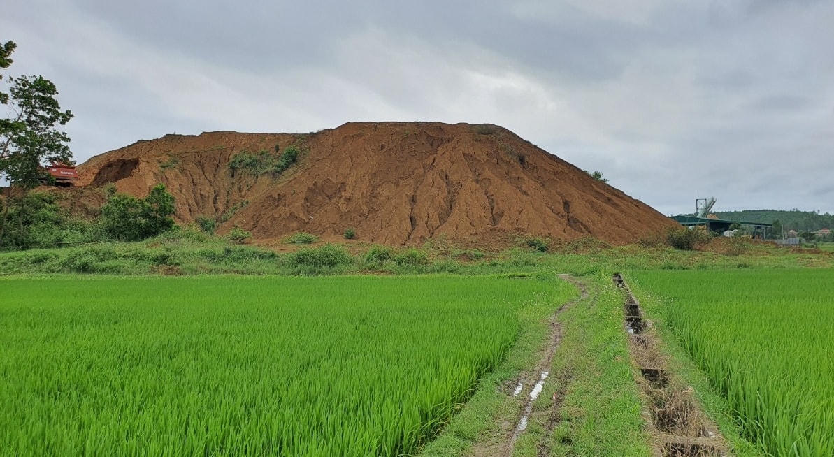 Đất nguyên liệu của Nhà máy gạch Tuynel Phổ Hòa nằm sát ruộng của dân.