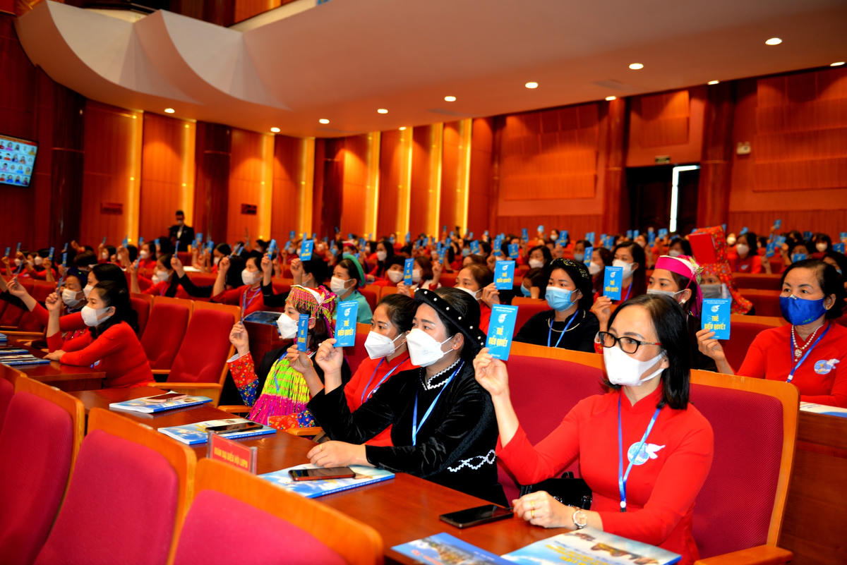 Các đại biểu tham gia biểu quyết tại Hội nghị.