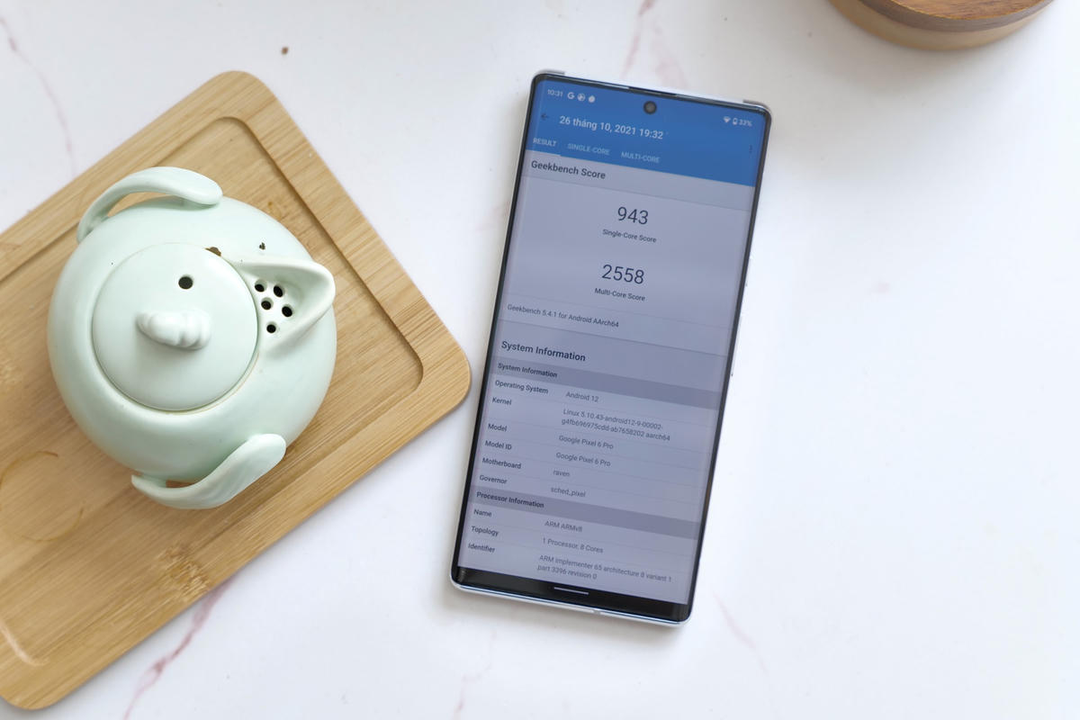Đánh giá nhanh bằng phần mềm chấm điểm hiệu năng Geekbench 5, con chip Tensor trên Pixel 6 Pro đạt 943 điểm đơn nhân và 2.558 điểm đa nhân, yếu hơn một chút so với những smartphone sử dụng bộ xử lý Snapdragon 888. Viên pin được trang bị theo máy có dung lượng 5.003 mAh, hỗ trợ sạc nhanh 30 W.