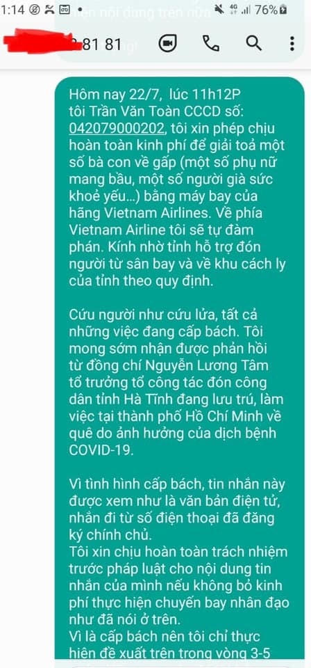 Tin nhắn ông Toàn gửi đến lãnh đạo ngành y tế Hà Tĩnh bày tỏ muốn được bỏ tiền thuê máy bay chở người dân về quê.  