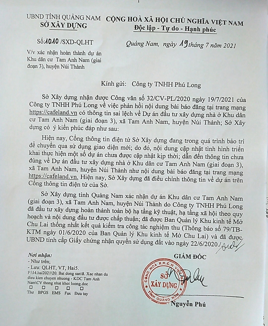 Văn bản Sở Xây dựng phúc đáp kiến nghị của Công ty Phú Long.