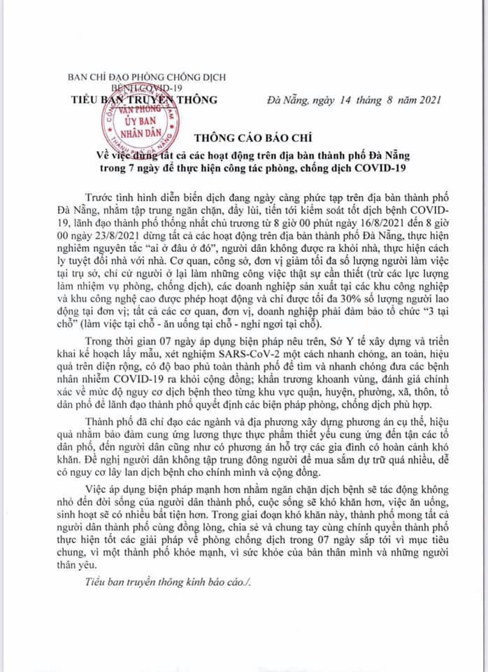 Thông báo ngày 14/8 của Ban chỉ đạo phòng, chống dịch Covid-19 TP Đà Nẵng
