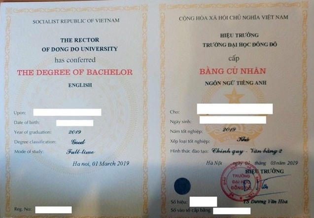 Mẫu bằng cử nhân ngôn ngữ Tiếng Anh - văn bằng 2 Trường Đại học Đông Đô.