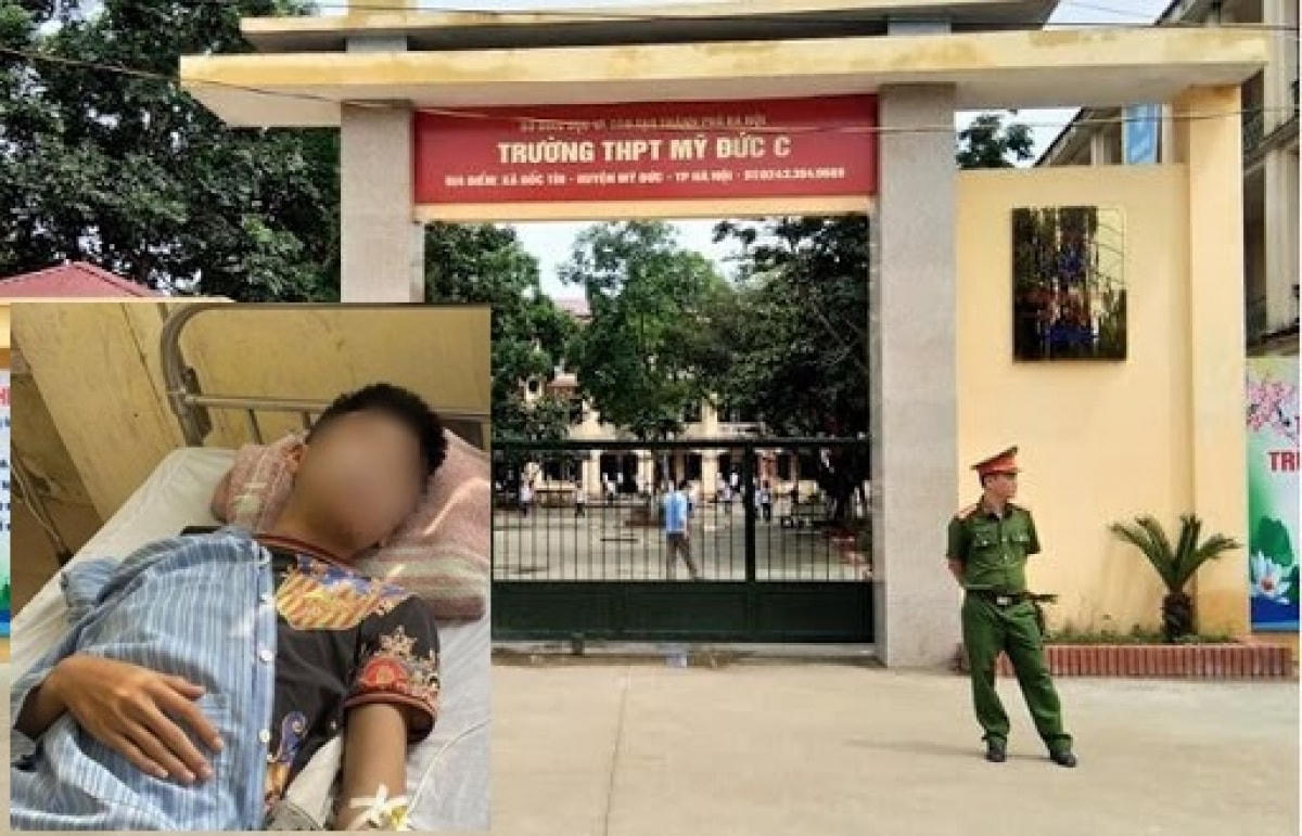 Hiện trường vụ việc và em học sinh bị thương.  