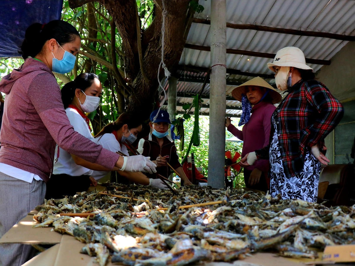 Đang tất bật với công việc chế biến cá, chị Lê Bích Truyền (bìa trái) cho biết, mọi người ở đây dù có vất vả để hỗ trợ cho bà con đang khó khăn ở vùng dịch cũng là điều nên làm. Thấy bà con trong xã ai cũng nhiệt tình, thật đáng trân quý.