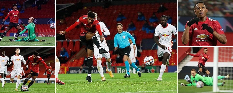 M,U có ngay thi đấu thăng hoa để vùi dập RB Leipzig 5-0. (Nguồn: Daily Mail).