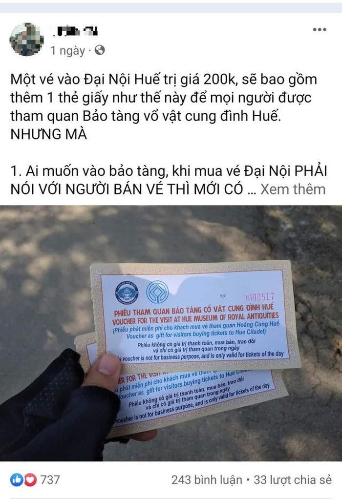 Bài viết phản ánh về giá vé tham quan Đại nội Huế được đăng tải tên Facebook. Ảnh chụp màn hình.
