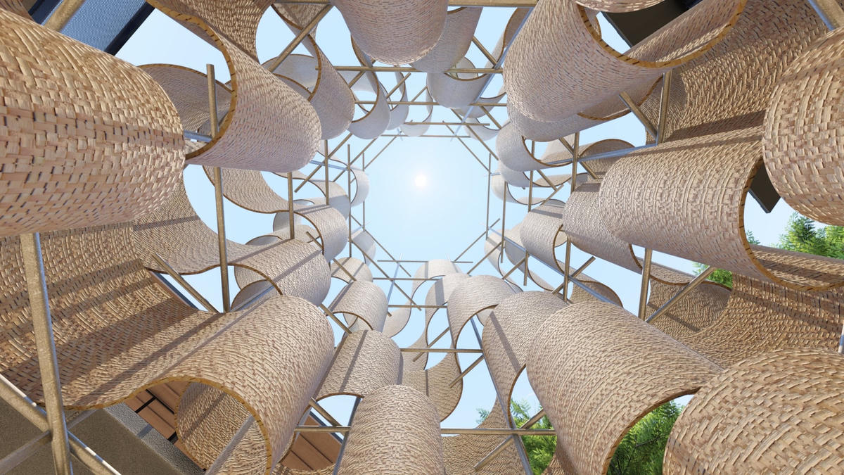 Khu pavilion tạo hình con lốc xoáy từ vật liệu mây tre đan.