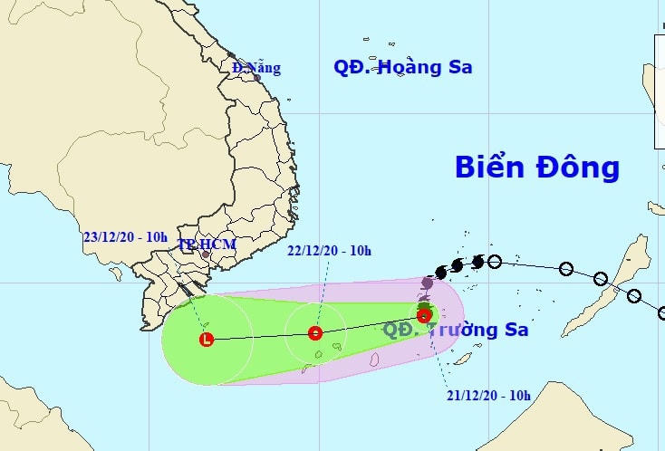 Vị trí và hướng di chuyển của áp thấp nhiệt đới. Nguồn: Trung tâm Dự báo khí tượng thủy văn Quốc gia.