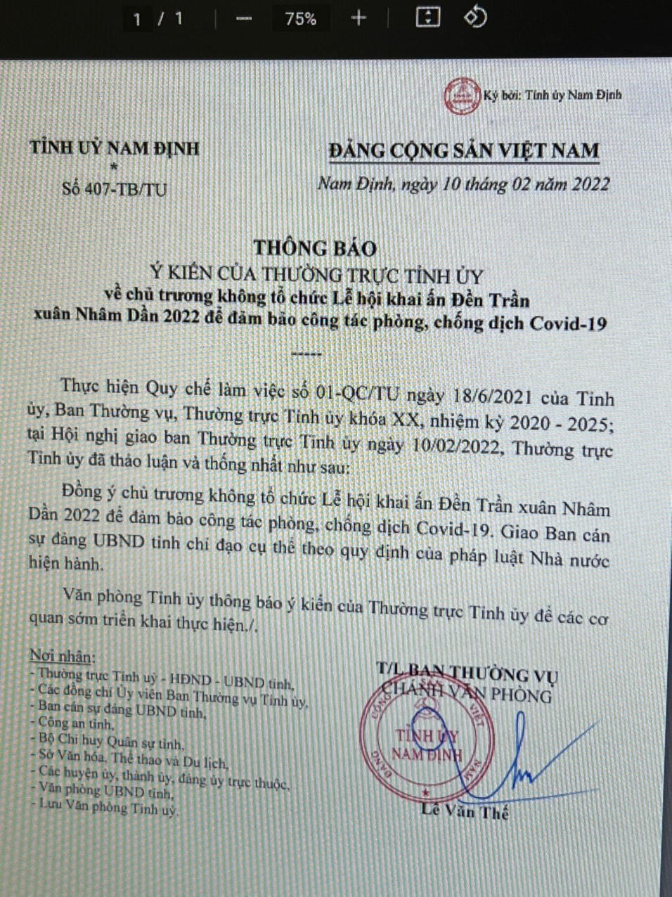 Văn bản truyền đạt ý kiến của Thường trực Tỉnh ủy Nam Định.