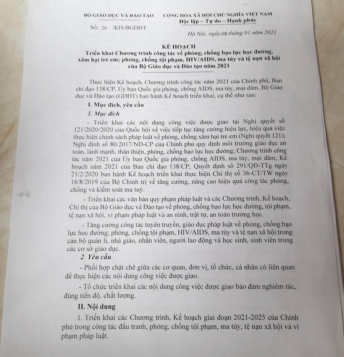 Kế hoạch số 26 (gốc) do Thứ thưởng Bộ GDĐT Ngô Thị Minh ký ban hành.