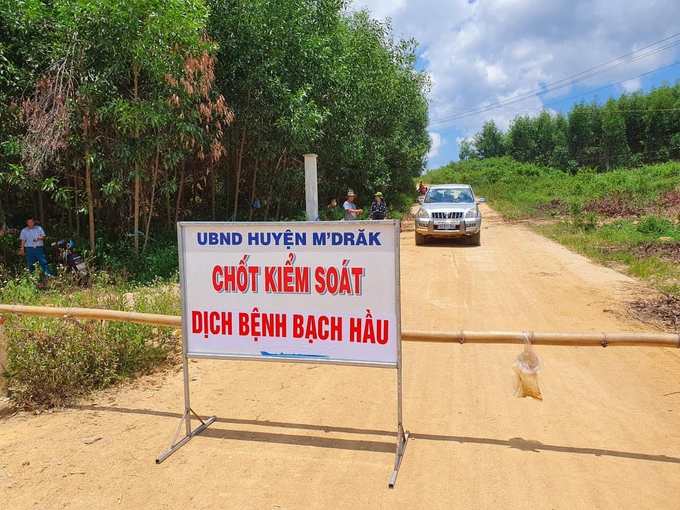 Lực lượng chức năng lập các chốt chặn để cách ly khu vực xuất hiện bệnh bạch hầu.