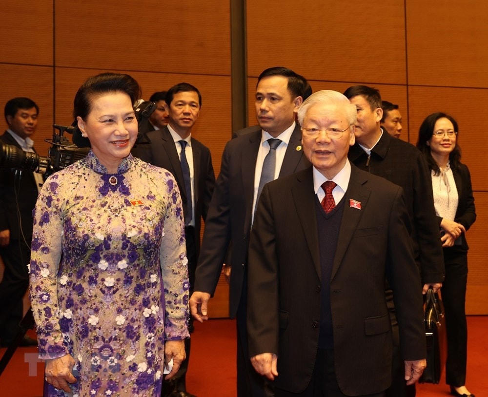 Tổng Bí thư, Chủ tịch nước Nguyễn Phú Trọng và Chủ tịch Quốc hội Nguyễn Thị Kim Ngân dự khai mạc Kỳ họp thứ 11, Quốc hội khóa XIV. (Ảnh: Trí Dũng/TTXVN).