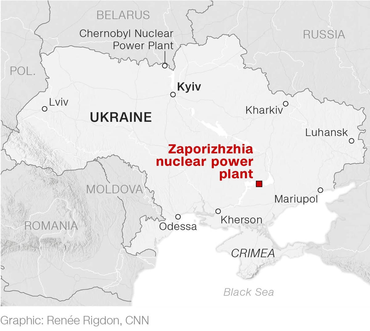 Bản đồ nơi nhà máy Zaporizhzhia tọa lạc. Ảnh: CNN.