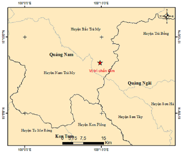 Vị trí tâm chấn động đất 3.3 độ Richter ở huyện Bắc Trà My. (Ảnh Viện Vật lý Địa cầu).