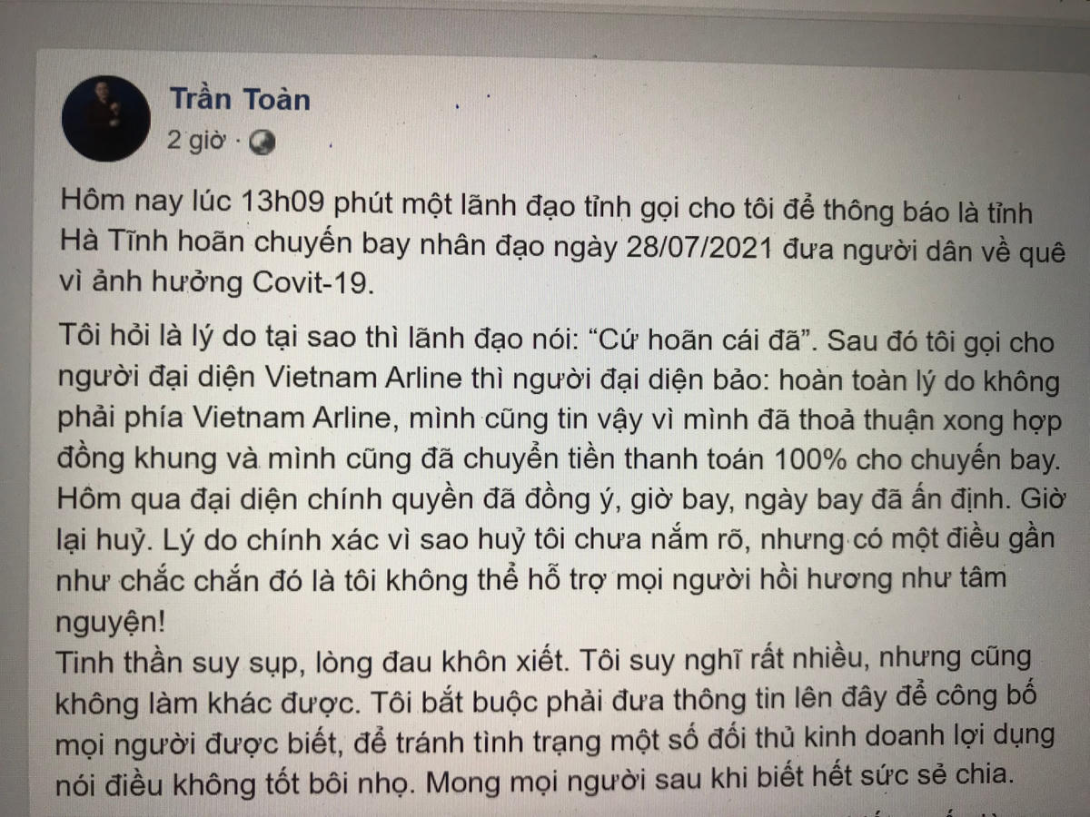 Doanh nhân Trần Toàn thông báo về việc hoãn chuyến bay.