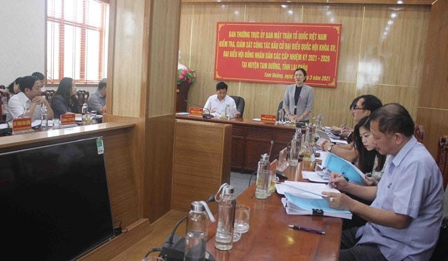 Phó Chủ tịch Ủy ban Trung ương MTTQ Việt Nam Trương Thị Ngọc Ánh phát biểu tại buổi kiểm tra, giám sát. 