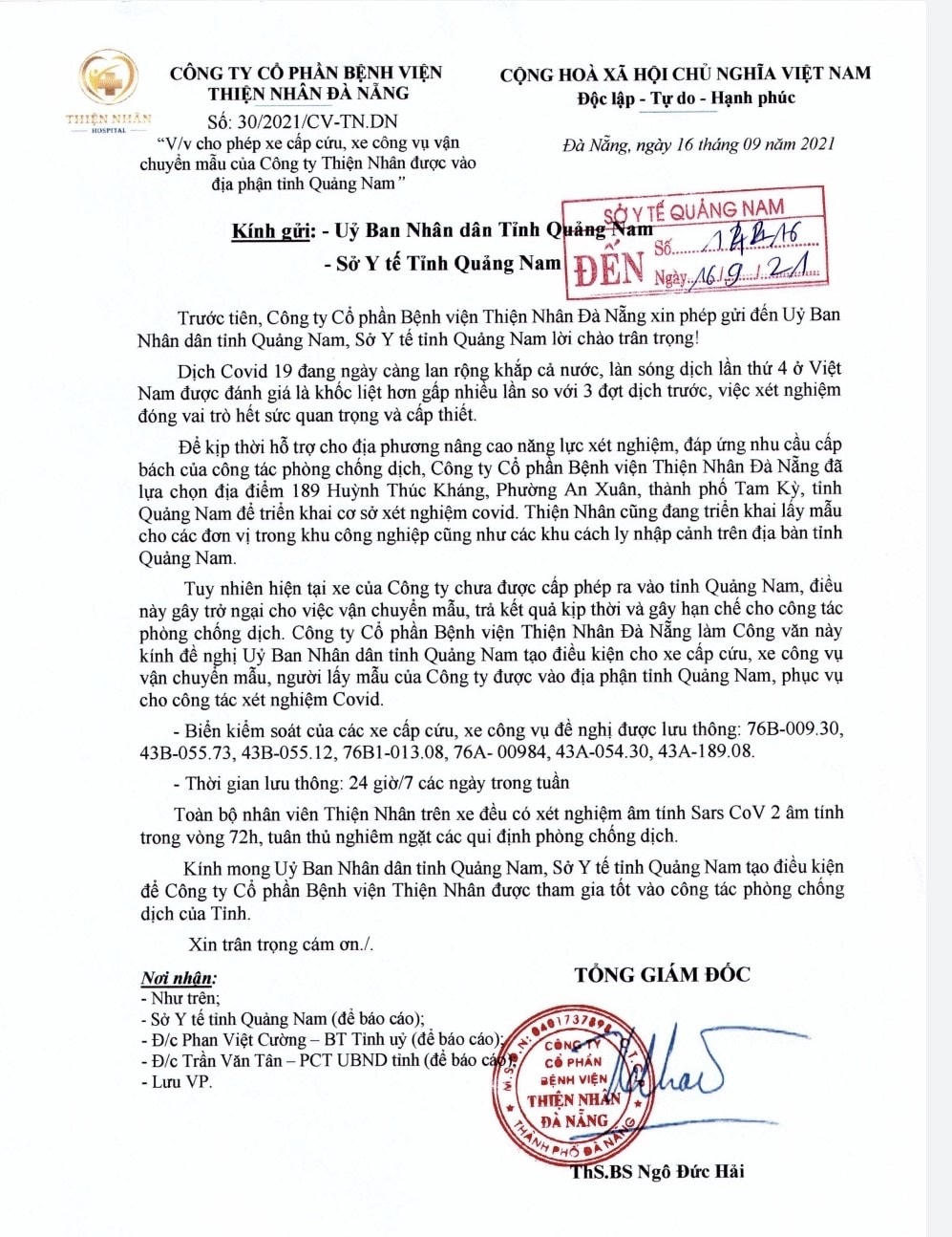 Công văn của Công ty CP Bệnh viện Thiện Nhân Đà Nẵng.