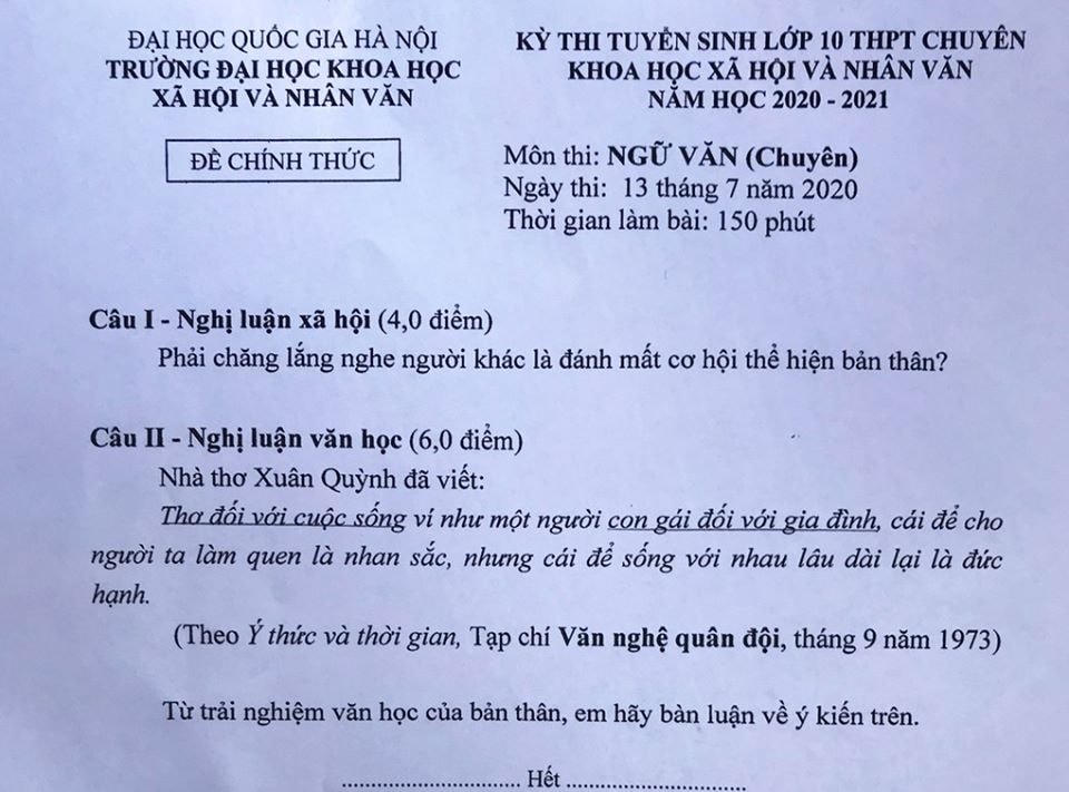 Đề thi môn ngữ văn.