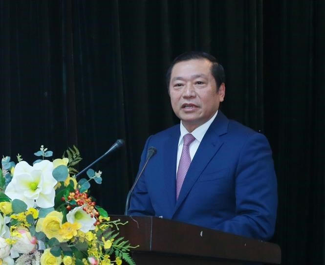 Ông Lại Xuân Môn, Ủy viên Trung ương Đảng, Phó Trưởng Ban Tuyên giáo Trung ương, phát biểu tại hội nghị. Ảnh: TTXVN.