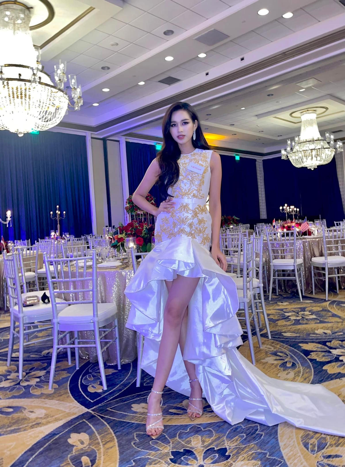 Đỗ Thị Hà diện trang phục lộng lẫy tới buổi đấu giá. Ảnh: FBNV. 
