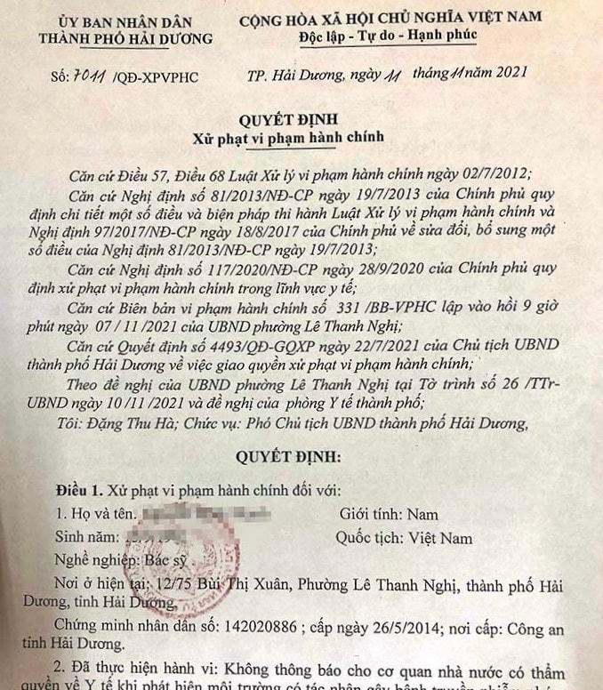 Quyết định xử phạt bác sĩ M. do không khai báo khi có bệnh nhân ho, sốt.