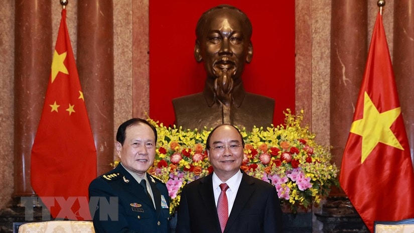 Chủ tịch nước Nguyễn Xuân Phúc tiếp Bộ Quốc phòng Trung Quốc Nguỵ Phượng Hòa. (Ảnh: Thống Nhất/TTXVN).