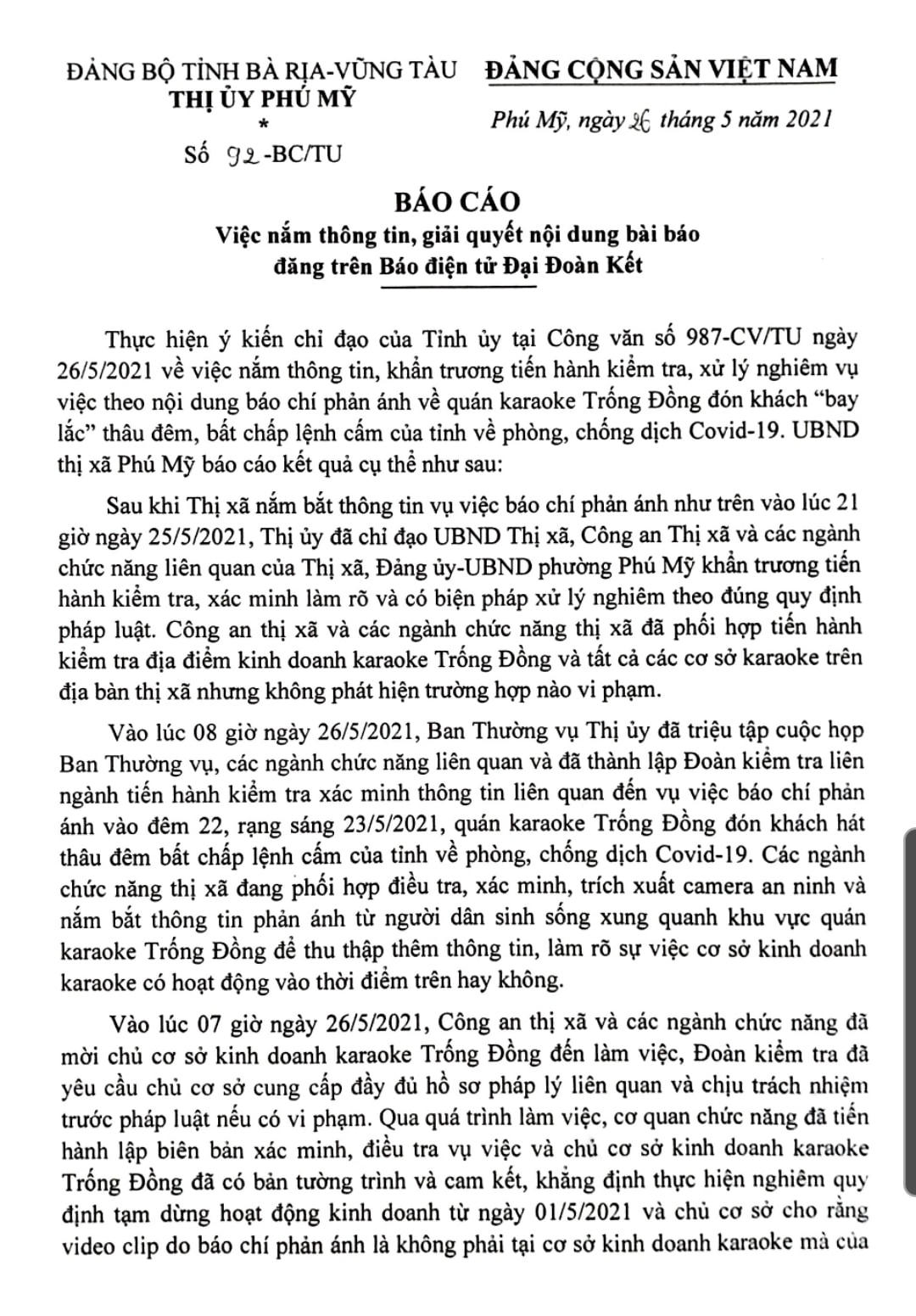 Tỉnh uỷ Bà Rịa – Vũng Tàu đã có công văn chỉ đạo các cơ quan chức năng liên quan khẩn trương tiến hành kiểm tra, xử lý nghiêm vụ việc.
