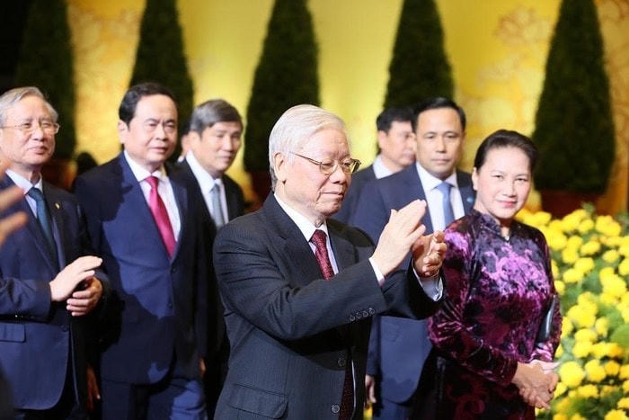 Tổng Bí thư, Chủ tịch nước Nguyễn Phú Trọng, Thủ tướng Nguyễn Xuân Phúc, Chủ tịch Quốc hội Nguyễn Thị Kim Ngân, Chủ tịch UBTƯ MTTQ Việt Nam Trần Thanh Mẫn dự Lễ kỷ niệm.