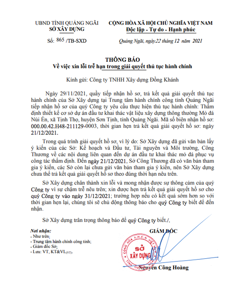 Sở Xây dựng Quảng Ngãi gửi thông báo xin lỗi đến công ty.