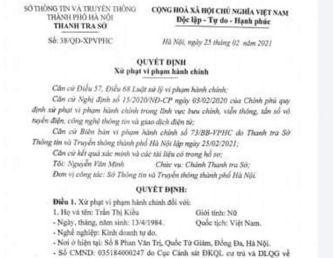 Quyết định xử phạt của Thanh tra Sở TT- TT Hà Nội.