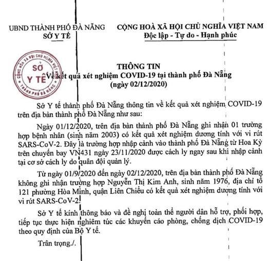 Thông tin của Sở Y tế TP Đà Nẵng đêm 2/12.