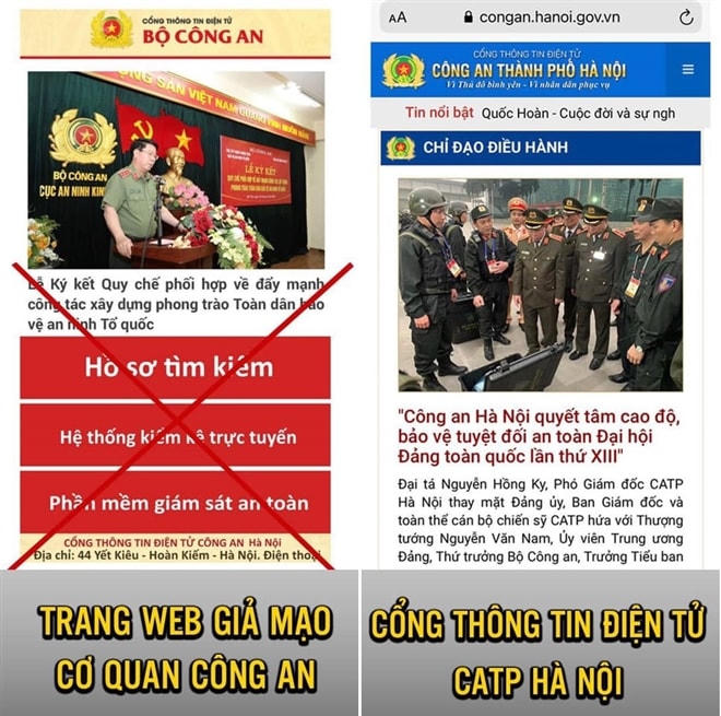  Trang web giả mạo và trang web chính thức của Công an TP Hà Nội.