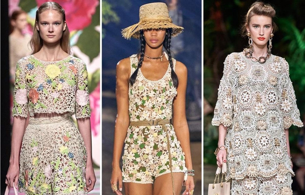 Các nhà mốt Blumarine, Christian Dior và Dolce & Gabbana (từ trái qua) đưa Crochet lên sàn diễn thời trang Hè 2021. (Ảnh: Gorunway).