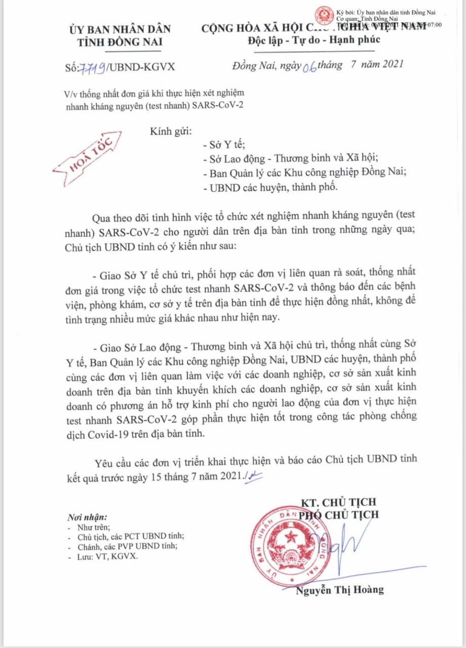 Văn bản thống nhất đơn giá khi thực hiện xét nghiệm (test nhanh) SARS-CoV-2 của UBND tỉnh Đồng Nai.