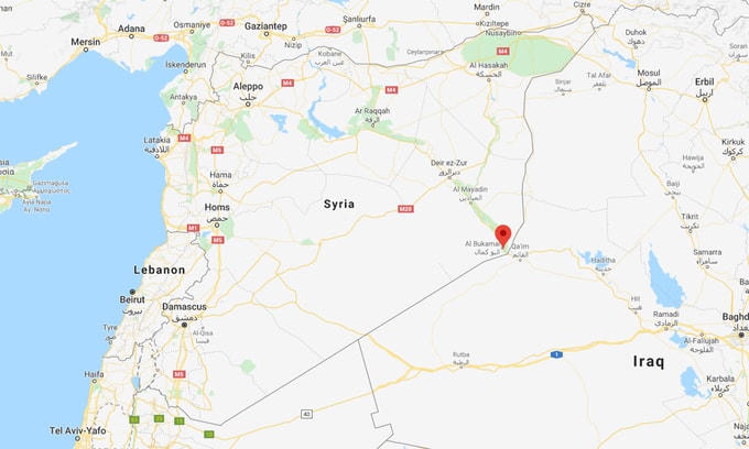 Vị trí thành phố al-Bukamal của Syria (đánh dấu màu đỏ). Đồ họa: Google.