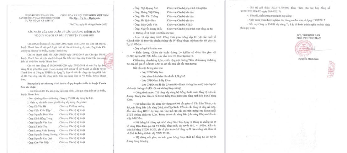 Có thông tin phản ánh, xác nhận của Ban quản lý các chương trình dự án về quy hoạch và đầu tư huyện Thanh Sơn (thiếu dấu giáp lai) cho gói thầu vốn trong nước mà Tự Lập thực hiện năm 2014 trùng khớp với gói HG-01 của Hà Giang sử dụng vốn ADB được thực hiện năm 2020.