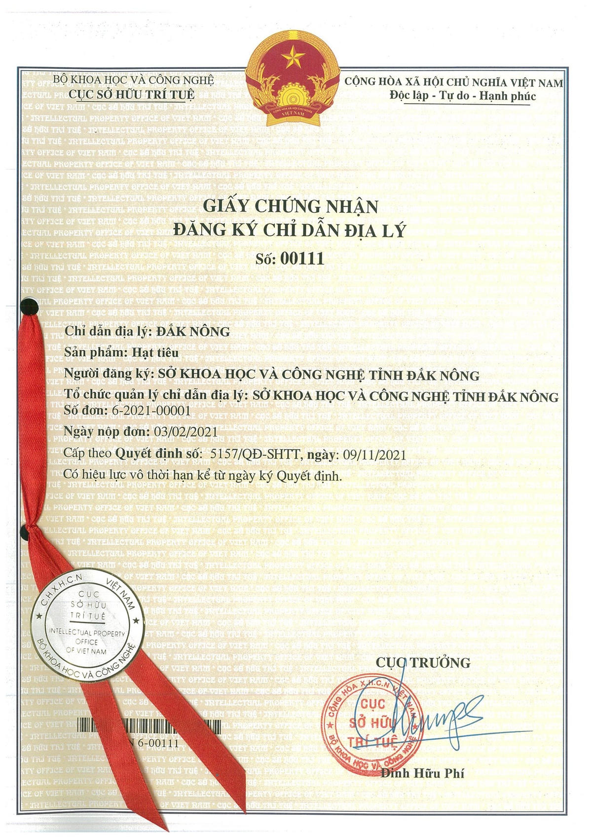 Giấy chứng nhận đăng ký chỉ dẫn địa lý do Cục Sở hữu trí tuệ, Bộ Khoa học Công nghệ cấp