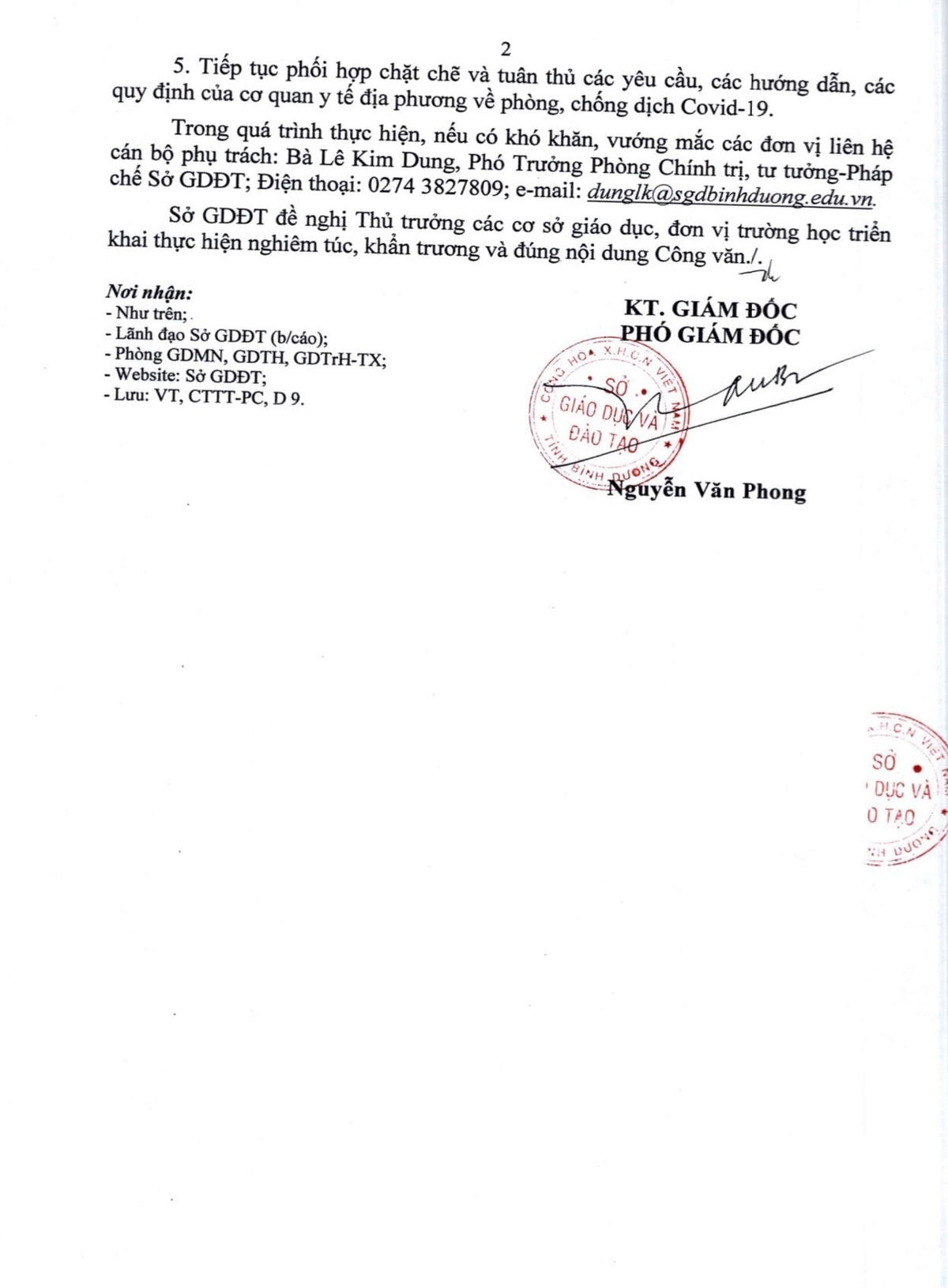 Công văn của Sở Giáo dục và Đào tạo tỉnh Bình Dương cho học sinh, viên viên nghỉ học để phòng, chống dịch Covid-19.