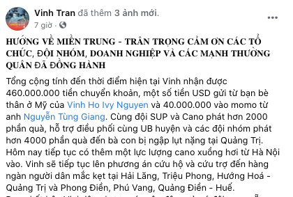 Bạn Trần Đăng Vinh kêu gọi được hơn 460 triệu đồng ủng hộ người dân miền Trung. (Nguồn: Sưu tầm).