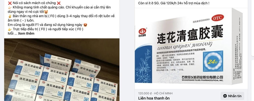 Ảnh 1: Thuốc chữa Covid-19 được rao bán tràn lan trên mạng xã hộiẢnh 2: Thuốc Liên hoa thanh ôn được rao bán với mức giá chỉ từ 120.000 đồng/hộp.  Ảnh chụp màn hình