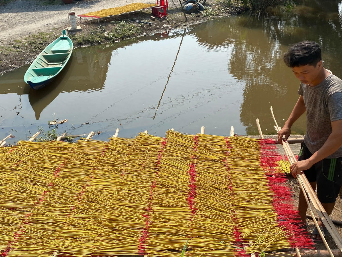 Người dân tất bật phơi nhang dịp tết Nguyên Đán.
