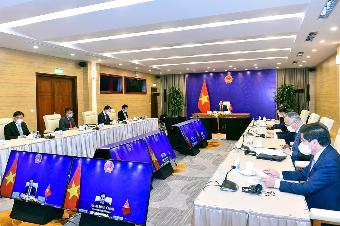 Thủ tướng Chính phủ Phạm Minh Chính khẳng định, thị trường 100 triệu dân năng động và tiềm năng của Việt Nam hội tụ đầy đủ các yếu tố về thể chế, chính sách, hạ tầng, vị trí địa lý, sự ổn định về chính trị, xã hội, môi trường đầu tư và nguồn nhân lực để phát triển mạnh mẽ trong giai đoạn tới. Ảnh: VGP/Nhật Bắc.  