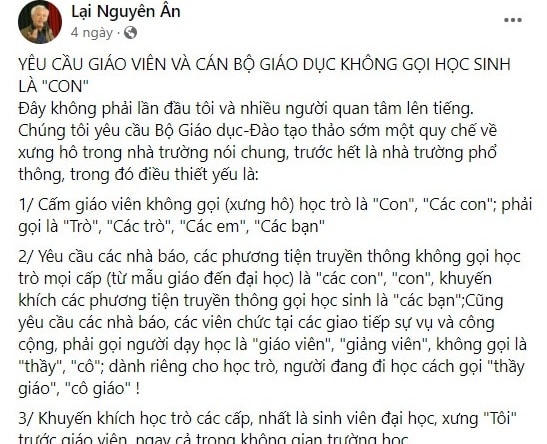 Quan điểm giáo viên không gọi học sinh là con của nhà nghiên cứu Lại Nguyên Ân được đăng trên trang Facebook cá nhân đang thu hút sự quan tâm của dư luận.