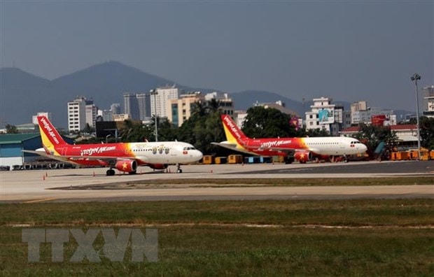 Máy bay của Hãng hàng không Vietjet tại sân bay Đà Nẵng. (Ảnh: Ngọc Hà/TTXVN).  