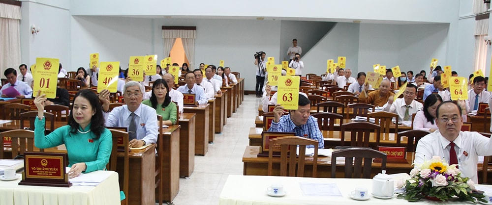 Các đại biểu biểu quyết thông qua các nghị quyết tại kỳ họp. Nguồn: Báo An Giang.