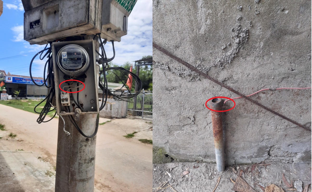 Đảo cực tính công treo trên cột điện, sau đó đóng cọc tiếp đất để tạo nguội để đưa vào sử dụng điện không qua hệ thống đo đếm (khoanh đỏ).