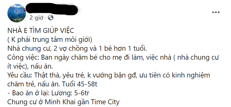 Phụ huynh nháo nhác đăng tin trên các hội nhóm tìm người giúp việc, gia sư... Ảnh chụp màn hình.
