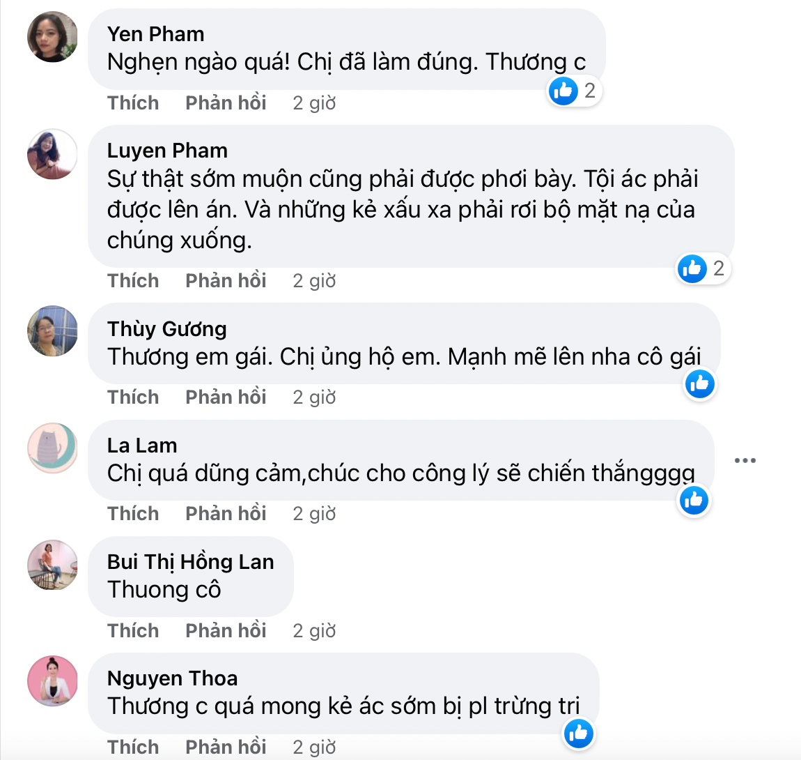 Xuất hiện chủ yếu là những bình luận đồng tình, ủng hộ và chia sẻ với nạn nhân. Ảnh chụp màn hình.